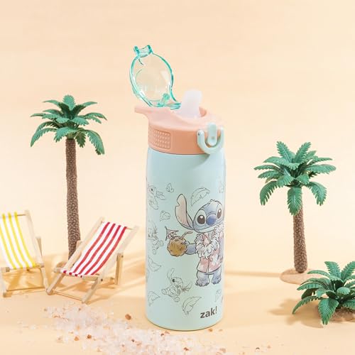 Zak Designs Disney Stitch Sage 19oz Leak-Proof Straw Kids Water Bottle | BPA Free, Insulated Stainless Steel, Cupholder Friendly, Dishwasher Safe, Lid Lock, Handle, For School, Home, Travel, Outdoor - color: Stitch (Sage)