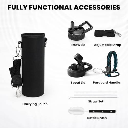 RAYMYLO Insulated Water Bottle 24 oz, Triple Wall Vacuum Stainless Steel | (Cold for 24Hrs, Hot for 12Hrs), Leak Proof & Non-BPA, Modern Water Flask Jug with Paracord Handle & Straw Spout Lids