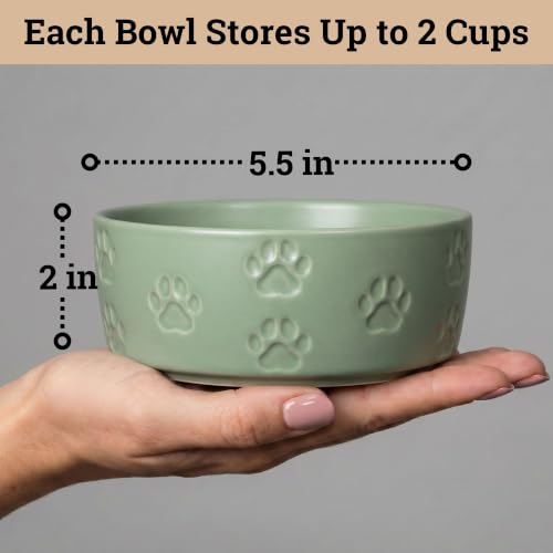 Ceramic Dog Bowl Set of 2 with Anti-Skid Base, 5.5"W x 2"H, 2 Cup Capacity | Thick Ceramic, Dishwasher Safe, Anti-Skid Rubber Base, 2 Cups per Bowl, Ceramic Food and Water Bowls Set of 2 for Small Dogs - color: Sage Green, size: Small
