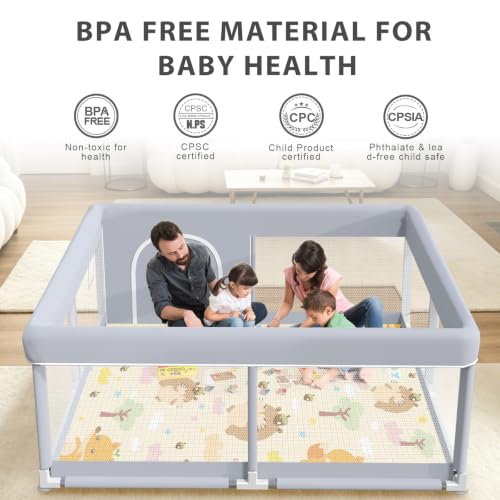 XVISHX Baby Playpen with Mat, 50 x 50 Inch Play Pen Playards, Playpen for Babies and Toddlers, Baby Playard for Indoor & Outdoor Active Center Game Fence, Skin-Friendly Fabric and Soft Breathable Mesh - color: Grey, size: 50 × 50 Inch + Mat