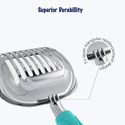 Cat Litter Scoop, Aluminum Alloy Sifter, Kitty Metal Scooper, Deep Shovel, Long Handle, Poop Sifting, Kitten Pooper Lifter, Durable, Heavy Duty, for Litter Box - color: POLISHED Aluminum \ #02 Turkish Blue Handle, size: Small