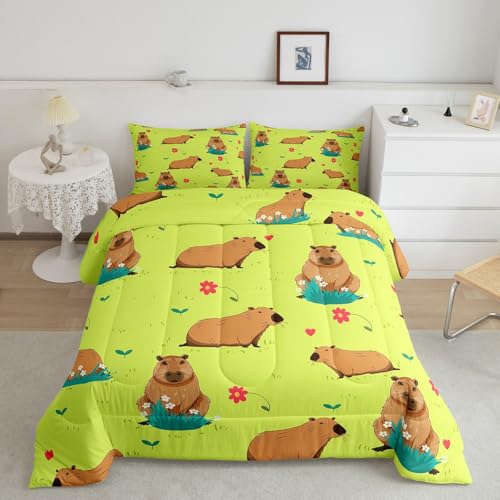 Kawaii Animal Decor Bedding Set - King Size Capybara Floral Duvet Insert With 2 Pillow Cases - color: Multi 01, size: King