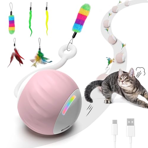Upgraded 2.36 Inch Large Interactive Cat Toys Ball for Indoor Cats, Pink | Motion and Sound Activated, 2 Speeds, Rechargeable, 5 Replaceable Tails, Stuck-Free Motor, Gray Also Available - color: Pink
