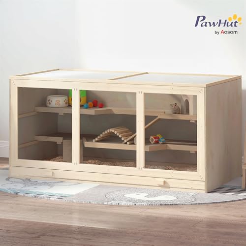 PawHut 45" Extra Large Wooden Hamster Cage, 3-Layer Rat Cage with Opening Roof, PVC Window, Small Animal Habitat for Gerbil, Dwarf & Syrian Hamsters, Natural | Rat Cage, PVC Window, Small Animal Habitat, for Gerbil, for Dwarf & Syrian Hamsters - color: Na