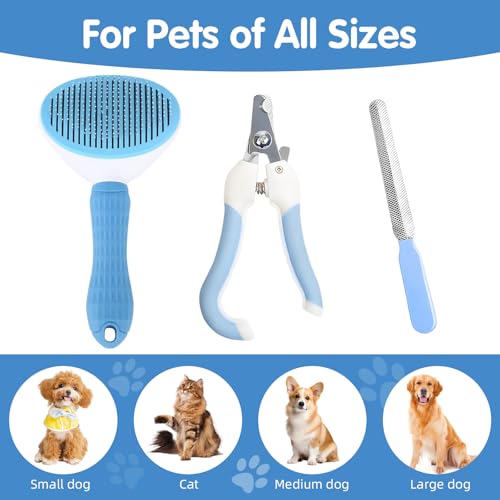 Aglads 3PCS Cat Rabbit Bunny Dog Grooming Kit, Self-Cleaning Slicker Cat & Dog Brush for Shedding, Fine-Needle Comb, Pet Nail Clipper & File for Long/Short-Haired Pets, Easy to Remove Loose (3, blue) - color: BLue