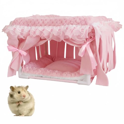 MiOYOOW Guinea Pig Hideout, Small Animal Sleeping Bed Hamster Hiding House with Fringe Curtain for Dwarf Rabbit Guinea Pigs Sugar Gliders Hamsters - color: Pink