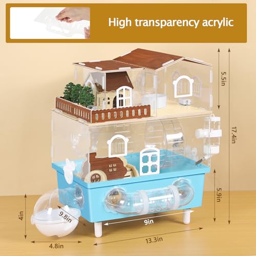 Acrylic Hamster Cage 9-in-1 Hamster Habitats with All Accessories 13.3"L x 9.8"W x 17.4"H Clear Hamster House for Syrian Gerbils Hamster, Dwarf Hamster Hideout 2 Tier Small Animal Cages for Pet Mice - color: Blue, size: 13.3"L x 9.8"W x 17.4"H
