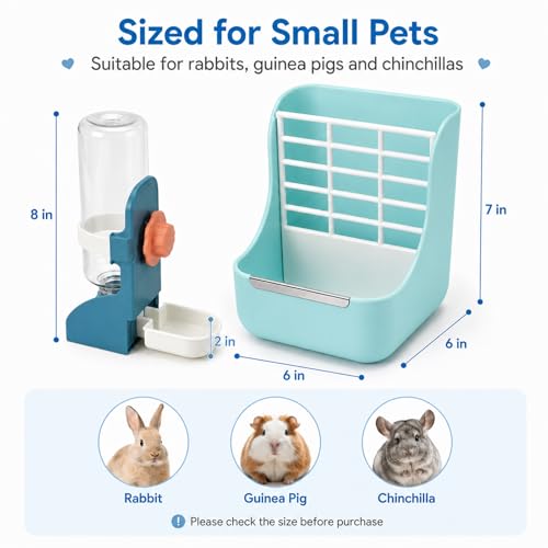 HERCOCCI Rabbit Hay Feeder and Water Bottle Set, 500ml Bunny Water Dispenser with Food Bowl, 2-in-1 Hay Rack Feeder for Guinea Pig, Chinchilla, Hedgehog, Small Animals - color: BLUE