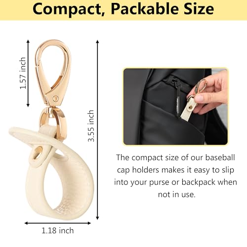 Hat Clip for Travel, Cap Holder Strap for Bags | Faux leather tab, zinc alloy clasp, fits baseball snapback and ponytail caps, mouse ear holder, hands free travel - color: Ivory