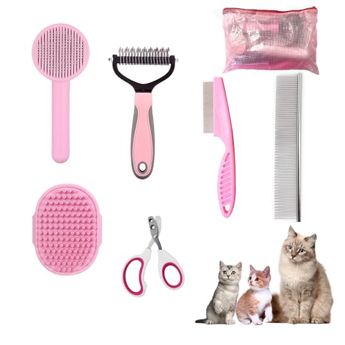 Cat Grooming Brush Kit 6 Tools - Deshedding & Dematting for Long/Short Hair, Self-Cleaning Slicker Brush with 6-in-1 Flea Comb for Cats & Kittens (Pink) - color: Pink