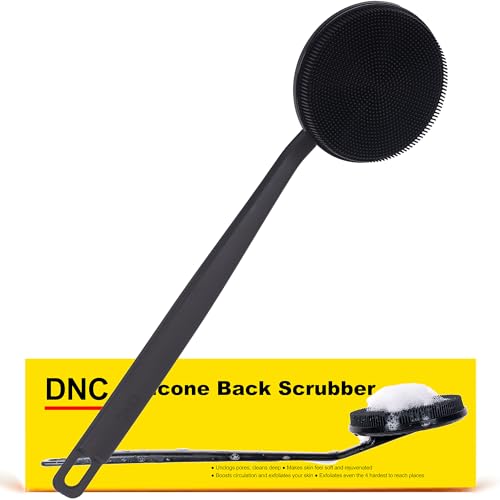 DNC Back Scrubber for Shower, Silicone Shower Brush with Long Handle Soft Bristles, Bath Body Exfoliator Washer for Men Women - color: Charcoal