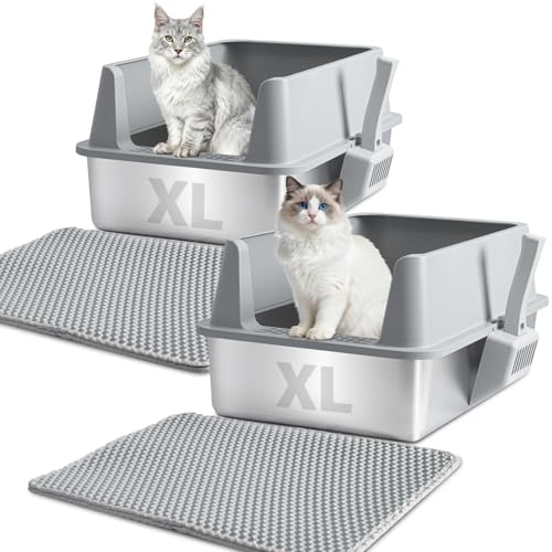 XL Stainless Steel Litter Box with Lid, Extra Large Cat Litter Box | 2Pack Metal Cat Litter Box for Big Cats, High Sided, Easy Cleaning ,Odor-Free Includes Scoop and Mat - size: XL (2-Pack)