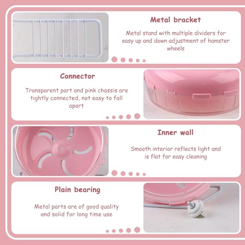 Pink 8.4" Silent Hamster Wheel with Height-Adjustable Stand, Quiet Spinning Hamster Exercise Wheels, Small Animal Chinchilla Running Toys Cage Accessories for Gerbils Mice Rats (Pink) - color: Pink