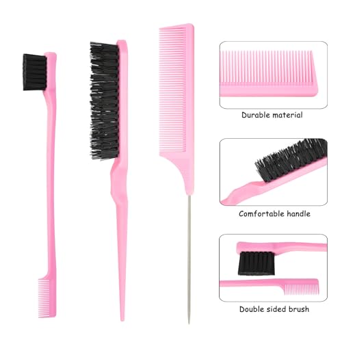 3 Pcs Slick Styling Hair Brush Set, Rat Tail Comb,Edge Bristle Brush, Teasing Brushes for Edge Back Brushing, Combing, Slicking Hair for Girls, Kids(Pink）