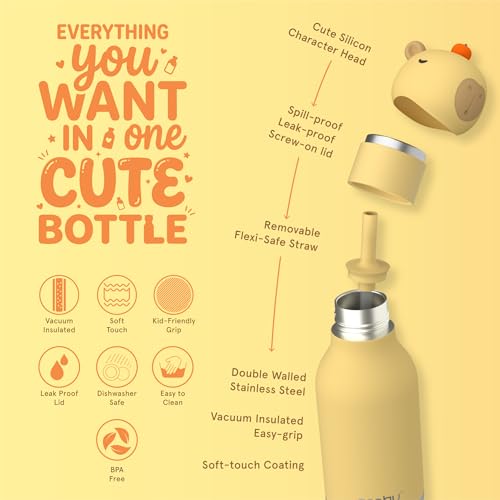 asobu Bestie Bottle Limited Edition Collectible Water Bottle with Animal Character Lid 16oz (460ml) Insulated Stainless Steel, Leakproof, Reusable with Straw Fun Gift for Girls & Boys - color: MOCHI THE CAPYBARA
