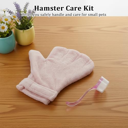 Hamster Bite Proof Glove and Grooming Brush Set, Adjustable Hamster Glove, Lid Soft Cleansing Brush Massage Combs, Guinea Pig Brush, Hamster Care Set for Hamsters, Ferrets, Hedgehogs (Pink) - color: Pink