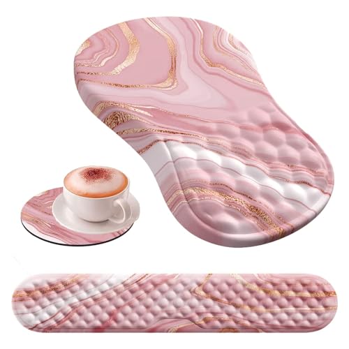 HAOCOO Ergonomic Keyboard Wrist Rest & Mouse Pad Set, Rose Gold Pink | Memory Foam Wrist Support, Ergonomic Keyboard Rest, Smooth Mouse Pad Surface, Non-Slip PU Base, Matching Coaster Set - color: Marble Rose Gold Pink Fluid