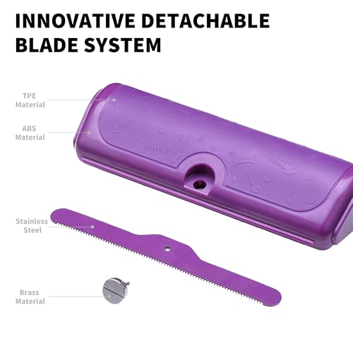 Dog and Cat Deshedding Brush, Purple | For dog and cat grooming, replaceable shedding blade, helps remove loose fur from short and medium coats - color: Purple
