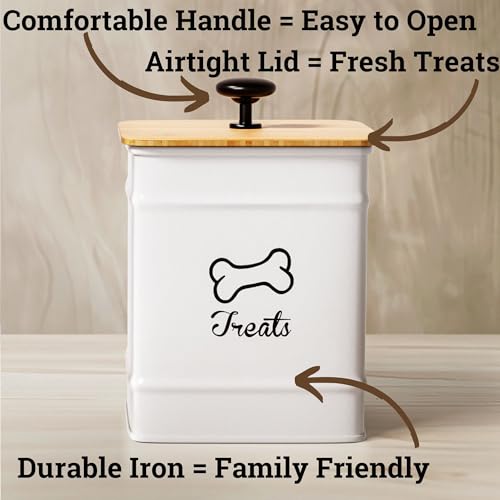 Dog Treat Container with Airtight Bamboo Lid, 5"W x 7"H, 7 Cup Capacity | Fits Most Popular Treats, 7 Cups Capacity, Airtight Bamboo Lid, Easy Open Metal Lid Handle, Dent-Resistant Durable Metal - color: White - Small