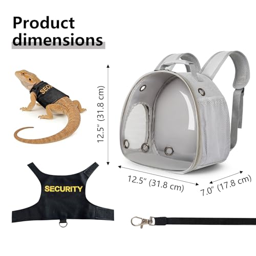Bearded Dragon Carrier Backpack with Security Printing Harness Set, Reptile Lizard Travel Carrier (Grey, Security Harness) - color: Grey