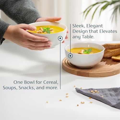 KooK Ceramic Soup bowls, Microwave, Dishwasher and Freezer Safe, Porcelain Dishes for Soup, Pasta, Salad, Oatmeal, Deep Interior, 24 oz, Set of 6, Marshmallow White - color: White, 6 Pack