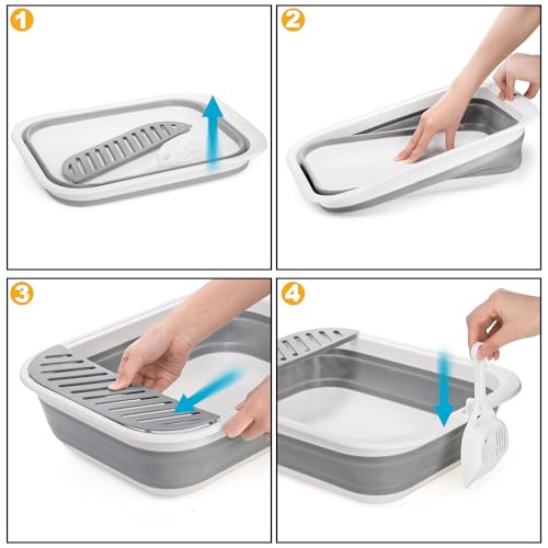 Tlence Collapsible Small Cat Litter Box, 17.7'' Open Foldable Kittens Potty with Scoop, Shallow Anti Splash Travel Cat Toilet, Semi Enclosed Height Adjustable Sides Litter Pan for Sick Frail Cat Grey