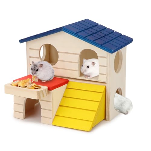Hypeety Wooden Hamster House Maze Villa Cage for Dwarf Hamsters Gerbils Small Pets Exercise Climbing Toy Platform Multi-Level Hideout 6.1x2.95x5.9inch Blue - color: Blue