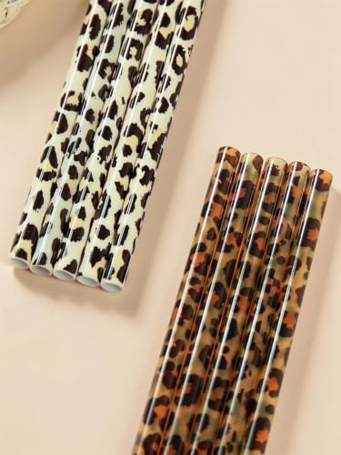 10 Pcs Reusable Brown Leopard Straws Long Straws with Cleaning Brushes | Plastic Cheetah Animal Straws Brown Leopard Print Drinking Straws for Tumblers Cups Safari Wild Favors Birthday Party Supply - color: Brown and Yellow