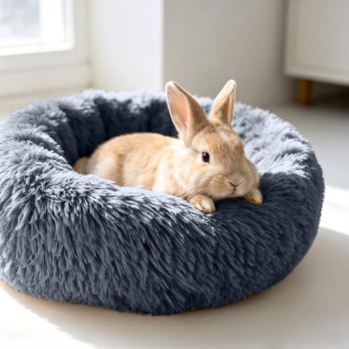 2 Pack Rabbit Bed, Fluffy Donut Shaped Bunny Hideout Comfort Sleeping Mat | Washable Comfort Hideaway Nest Bed for Guinea Pig, Kitten, Chihuahua, Small Pet - color: Dark Gray + Dark Gray