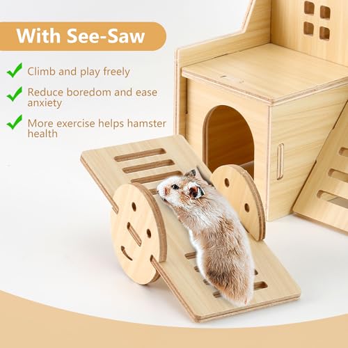 Wooden Hamster Hideout Cage Accessories, Guinea Pig House and Seesaw | Double-Decker Hide Hut with Slide, Hamster Chew Toys for Pet Rats, Hamster Platform for Dwarf Gerbils, Two-Story