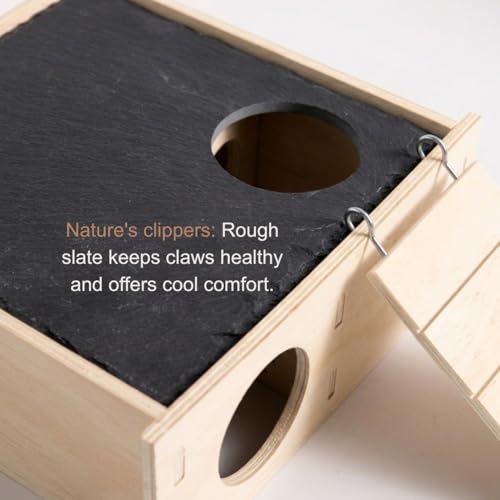 Wooden Hamster Hideout with Slate Rock Cooling Roof, 7.9" Large Hamster House and Hideouts with Climbing Ladder, Tunnel Enrichment Toys, Hamster Cage Accessories for Syrian, Dwarf, Gerbil, Mouse