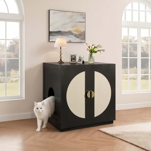 unipaws Tall Cat Litter Box Enclosure for Tall or Top Entry Litter Box | Hidden Litter Box Cover with Shelves, Kitty Enclosed Litter Box Cabinet, Cat Box Furniture - color: Black
