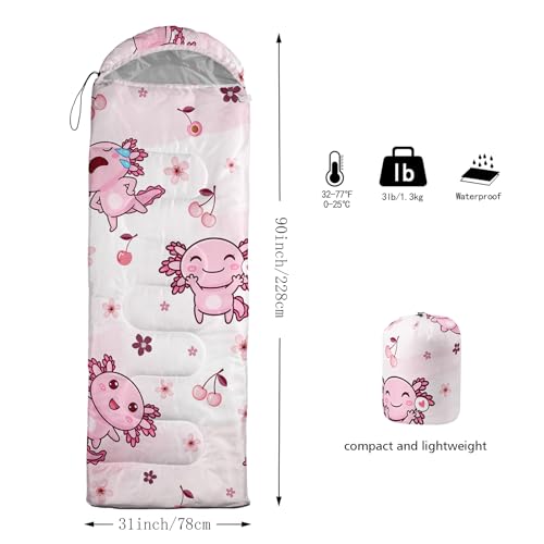 QOOMO Axolotl Cute Camping Sleeping Bags,3 Season Warm & Cool Weather,Lightweight,Waterproof Sleeping Bags for Adults & Kids,Traveling,and Outdoors - color: Axolotl Cherry C9