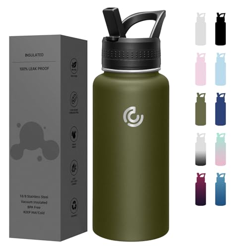 COKTIK 32oz Sports Water Bottle, Stainless Steel Water Bottle for Insulated, Reusable Travel Bottle, With Straw, With Handle Grip for Easy Carrying, Suitable for Cycling, Outdoor Vacations(Army Green) - color: Army Green, size: 32 Ounces