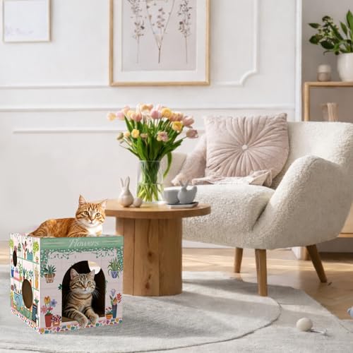Cinrobiye Cardboard Cat House with 2 Pcs Scratching Pad，Pet Hideaway Cave Board Bed Playhouse Condo Box Decor Small Animals Scratcher Bed for Indoor Cats Kittens Rabbits Bunny - color: Light green