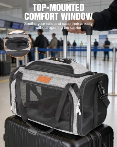 PETUX Expandable Airline-Approved Pet Carrier for Small Cats up to 10 lb | Top-Side Expandable, TSA‑Friendly, Underseat, Soft Travel Bag with Breathable Mesh and Safety Buckle, 17 x 11 x 9.5 in, Grey