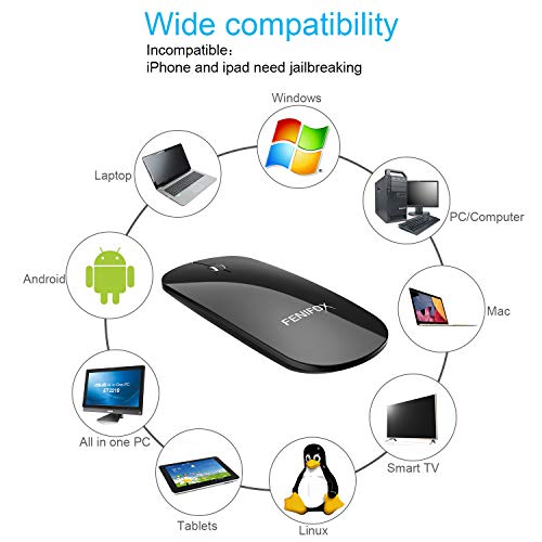 FENIFOX Wireless Bluetooth Mouse, Slim Travel Silent Rechargeable Black | Flat, Portable, Whisper Quiet, 3 Buttons Design , 2400 DPI Precision for iPad Laptop MacBook Tablet iPhone - color: Black