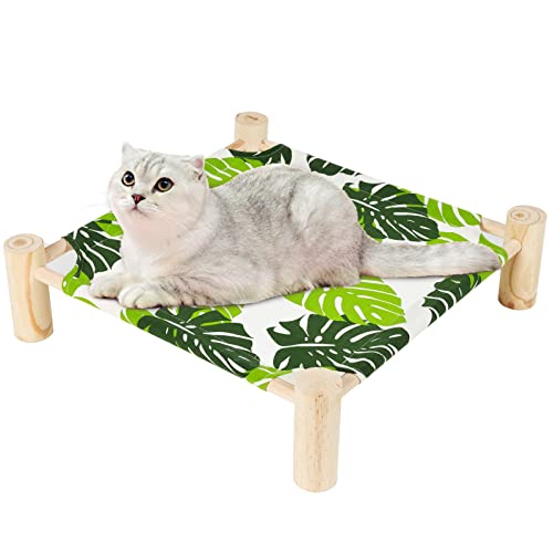Patas Lague Cat Hammock Bed Small Eleveted Dog Bed 19x19 in Monstera Leaf | Brethable Wooden Pet Bed, Cooling Rabbit Cot, Outdoor Cat Furniture For Summer - color: Monstera Leaf