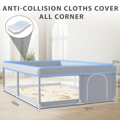 XVISHX Baby Playpen with Mat, 50 x 50 Inch Play Pen Playards, Playpen for Babies and Toddlers, Baby Playard for Indoor & Outdoor Active Center Game Fence, Skin-Friendly Fabric and Soft Breathable Mesh - color: Grey, size: 50 × 50 Inch + Mat