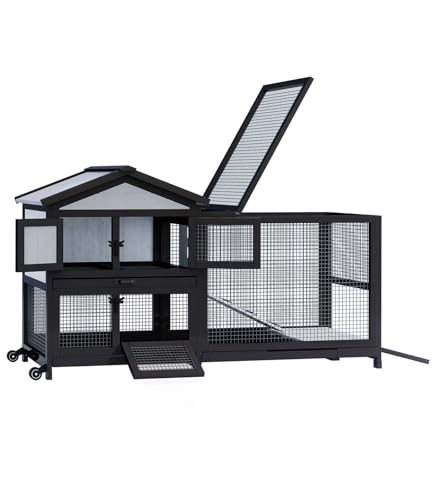 Rabbit Hutch 58" Rabbit Cage Outdoor&Indoor 2-Story Chicken Coop Guinea Pig Cage on Wheels Bunny Cage with 3 Deep No Leakage Pull Out Tray,Waterproof Roof (Black) - size: 58 inch