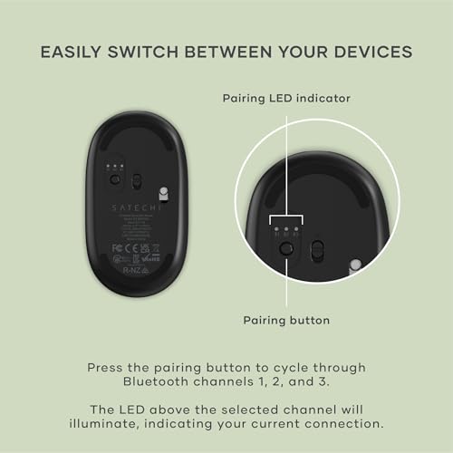 Satechi OntheGo Bluetooth Mouse, Connect Up to 3 Devices, for Laptop, Black | USB-C rechargeable battery, compact & portable, for laptop, computer, tablet - color: Black