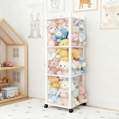 Stuffed Animal Zoo Storage with Lockable Wheels, White | Sturdy Solid Wood Toy Organizer, Large Capacity Plush Toy Cage, Space-Saving for Toddler/Playrooms/Bedrooms - color: White