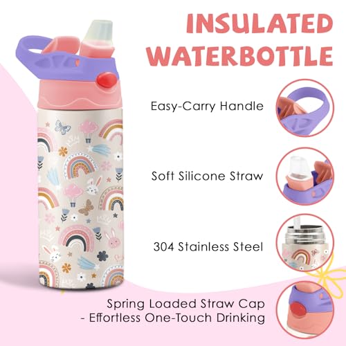 Rainbow 12 oz Water Bottle with Straw – Kids Stainless Steel Vacuum Insulated Cup, Leakproof Pop-Up Spout, Reusable Travel Mug for Boys and Girls Outdoor Sports - color: Rainbow1