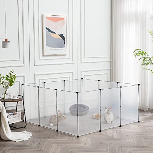 BRIAN & DANY Dog Playpen, Portable Plastic Pet Playpen, Clear Dog Play Pen Acrylic Rabbit Playpen Indoor, 12 Panels Puppy Fence and Guinea Pig for Small Animals- 28 X 20 Inch