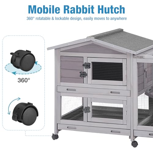 Rabbit Hutch Indoor, 62’’ Bunny Hutch Outdoor, Mobile Rabbit House with Wheels, Wooden Bunny Cage with Leakproof Tray, Chew-Proof Ramp for Guinea Pig(Grey)