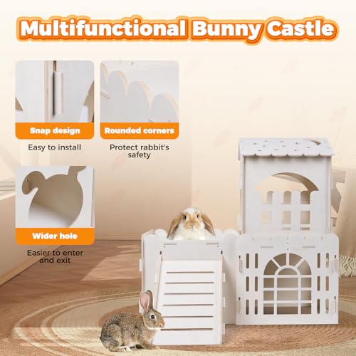 Large Rabbit House with 2PCS Rabbit Scratch Mat, Wooden Bunny Castle with 3 Houses Indoor, Guinea Pig Cage Multistory Climbing Tower Sturdy Wooden Castle, Small Animal Hideaway Tunnel - size: 3 Houses with Pad