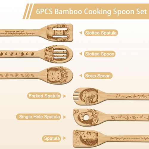GLOBLELAND 6 Pcs Hedgehog Wooden Spoons Utensil Set Hedgehog Flowers Bamboo Carving Kitchen Cooking Utensils Wooden Engraved Cooking Spatula Sets for Kitchen Fun House Warming Gift - color: Hedgehog