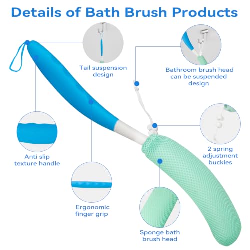 Shower Back Body Brush with Long Handle，15.35"Back Scrubber for Men & Women | Body Brush for Bath with Anti Slip Long Handle,Exfoliating Mesh Sponge Body Scrubber, Removable Curved Back Scrub Brush - size: Black+Pink Handle