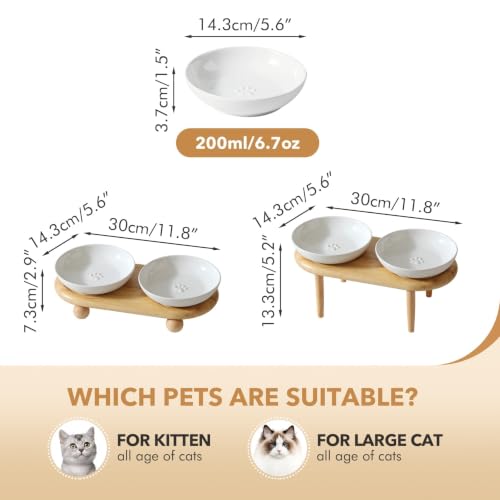 Havniva Elevated Cat Bowls, Cat Food and Water Bowl Set, Ceramic Cat Bowl | Raised Cat Food Bowls, Whisker Friendly, 5.6” Shallow Cat Dishes, Wide Cat Plates, Non-Slip Wood Stand, Two Heights - color: White, size: 2 Bowls