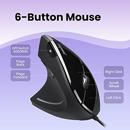 Perixx Perimice-513L Wired Vertical Ergonomic Mouse with 2 DPI, 6 Button Optical Ergo Mouse with 2 Level DPI Switch 1000 1600, Left Handed, Black - style: Wired